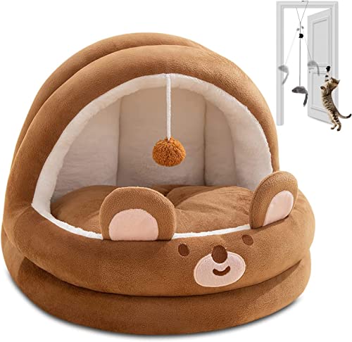 OLOTU Halbgeschlossenes Katzenbett für kleine Hunde, mit rutschfester Unterseite mit abnehmbarer Baumwolle, superweich, beruhigend, mit Spielzeug zum Aufhängen von OLOTU