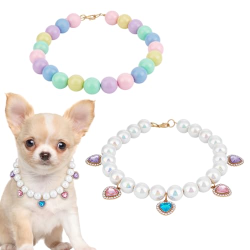 OLYCRAFT 2 x Regenbogen-Perlenhalsband mit Herz-Anhängern, verstellbare Hunde- und Katzen-Halskette, funkelnd, bunt, Haustier-Halskette, Schmuck, handgefertigt, ausgefallenes Hundehalsband für kleine OLYCRAFT 2 x Regenbogen-Perlenhalsband mit Herz-Anhängern, verstellbare Hunde- und Katzen-Halskette, funkelnd, bunt, Haustier-Halskette, Schmuck, handgefertigt, ausgefallenes Hundehalsband für kleine von OLYCRAFT