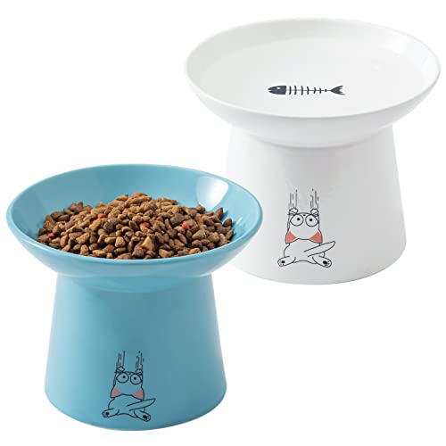 16,5 cm extra breite Keramik-Katzennäpfe, verbessertes erhöhtes Porzellan-Katzenfutter, Wassernapf, stressfrei, Haustier-Futternäpfe für ältere große Katzen und kleine Hunde, weiß und blau von OMAYKEY