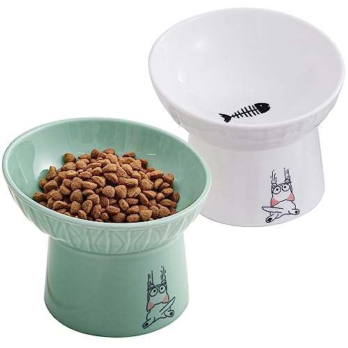 16.5 cm extra breite Keramik-erhöhte Katzennäpfe, verbesserte vergrößerte Porzellan, stressfreie Haustier-Futternäpfe für ältere große Katzen und kleine Hunde, weiß und grün von OMAYKEY