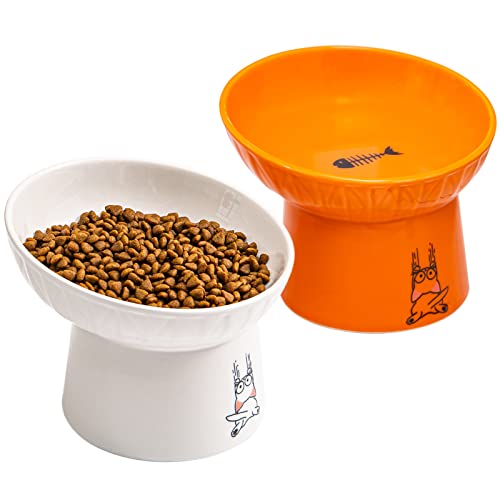 16.5 cm extra breite Keramik-erhöhte Katzennäpfe, verbesserte vergrößerte Porzellan, stressfreie Haustier-Futternäpfe für ältere große Katzen und kleine Hunde, weiß und orange von OMAYKEY