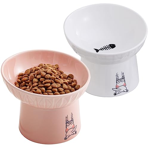 16.5 cm extra breite Keramik-erhöhte Katzennäpfe, verbesserte vergrößerte Porzellan, stressfreie Haustier-Futternäpfe für ältere große Katzen und kleine Hunde, weiß und rosa von OMAYKEY