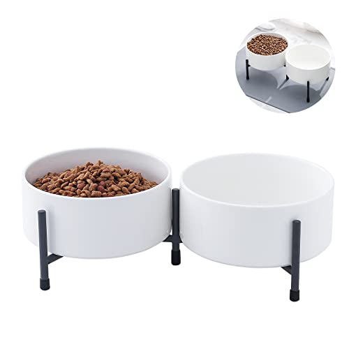 900 ml Keramik-Futternapf für Hunde und Katzen, 2 Stück, mit erhöhtem Metallständer, 15,2 cm, Keramik, rund, Futternapf für Hunde und Katzen, Weiß von OMAYKEY