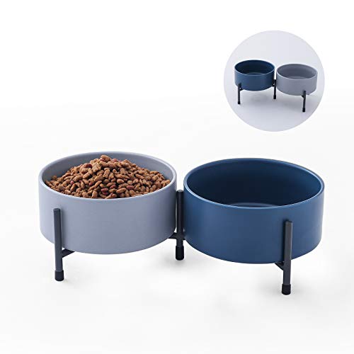 900 ml Keramik-Futternapf für Hunde und Katzen, 2er-Set mit erhöhtem Metallständer – 15,2 cm Keramik-Futternapf für Hunde und Katzen – Blau & Grau von OMAYKEY
