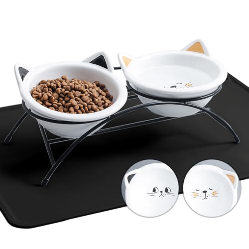 Erhöhte Keramik-Katzennäpfe Set mit 2 Stück mit Metallständer & Silikon-Futtermatte, 340 ml, geneigt, erhöhtes Katzenfutter & Wassernäpfe, Haustier-Futternäpfe für Katzen, Kätzchen, kleine Hunde,Weiß Erhöhte Keramik-Katzennäpfe Set mit 2 Stück mit Metallständer & Silikon-Futtermatte, 340 ml, geneigt, erhöhtes Katzenfutter & Wassernäpfe, Haustier-Futternäpfe für Katzen, Kätzchen, kleine Hunde,Weiß von OMAYKEY
