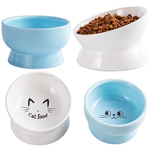 Keramik Erhöhte Katzennäpfe, Neigte Erhöhte Katzenfutter und Wassernäpfe, Haustiernapf Futternapf für Katzen und kleine Hunde, Weiß & Blau 4er Set von OMAYKEY