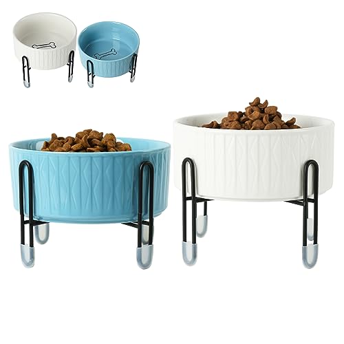 Keramiknäpfe für Hunde und Katzen, 900 ml, mit erhöhtem Metallständer, 16,5 cm, rund, Futternapf für Katzen und Hunde, weiß und blau, 2 Stück von OMAYKEY