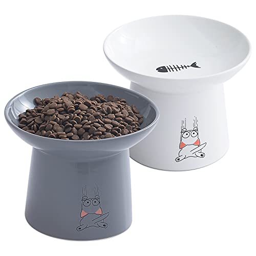 OMAYKEY 16,5 cm extra breite Keramik-Katzennäpfe, verbessertes erhöhtes Porzellan-Katzenfutter, Wassernapf, stressfrei, Haustier-Futternäpfe für ältere große Katzen und kleine Hunde, weiß und grau von OMAYKEY