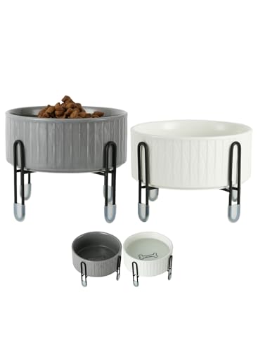 OMAYKEY Erhöhter Futternapf für Hunde und Katzen, mit erhöhtem Metallständer, 16,5 cm, Keramik, rund, Futternapf für Katzen und Hunde, Weiß und Grau, 2 Stück von OMAYKEY