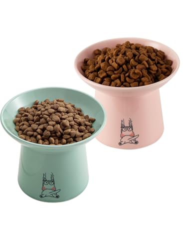 OMAYKEY Extra breite Keramik-Katzennäpfe, erhöhter Futternapf für Futter und Wasser, breiter, flacher Futternapf für Katzenfutter, Schnurrhaar, Müdigkeit, schützt die Wirbelsäule, Grün und Rosa von OMAYKEY