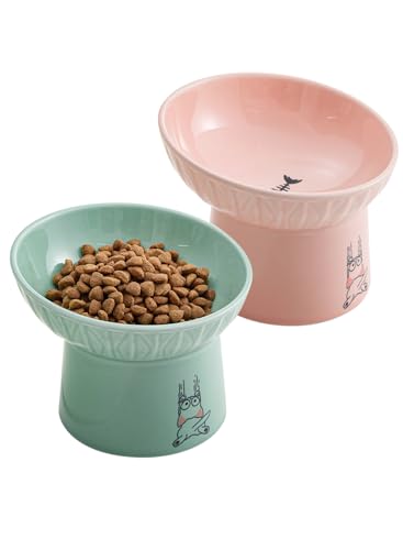 OMAYKEY Extra breiter erhöhter Katzennapf, 16,5 cm breit, Keramik, geneigt, erhöhter Katzennapf, verhindert Ermüdung von Hals und Schnurrhaar, Anti-Erbrechen für Katzen, Welpen, spülmaschinen- und von OMAYKEY