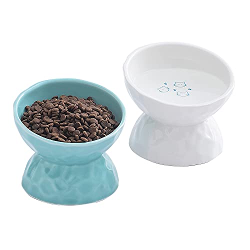 OMAYKEY Keramik Erhöhte Katzennäpfe, geneigt, erhöhtes Katzenfutter und Wassernapf, Set, Porzellan, stressfrei, Haustier-Futternapf für Katzen und kleine Hunde, spülmaschinen- und mikrowellengeeignet, von OMAYKEY