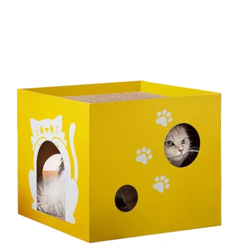 Innovatives doppelschichtiges Katzennest Kratzpads Integriertes Katzenhaus 4 Jahreszeiten Schlafnest Papierhaus (Gelb, M) von OMEM