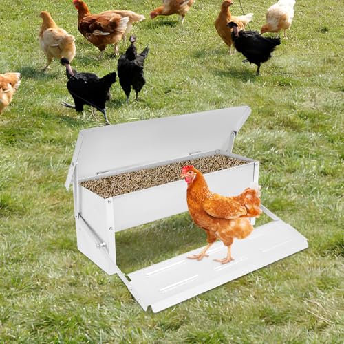 Tragbar Hühnerfutter Automat Edelstahl Futterautomat Hühner Futterspender mit automatischem rutschfestem Pedal und Wasserdicht Decke, ideal Futtertrog für Geflügel (5KG) von OMGGYER