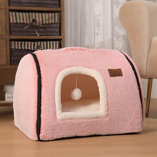 Katzenbett für Hauskatzen, weich und bequem, niedliches Katzenbett, Katzenhaus mit abnehmbarem, waschbarem Kissen, geschlossenes Katzenbett, Katzenhütte, Versteck, kleines großes Hundezelt (Rosa) von OMLIVLIES
