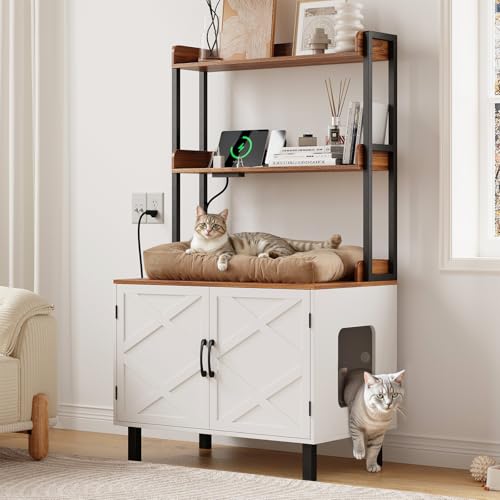 ONBRILL 55 Zoll Katzentoilette Gehege Versteckte Katzentoilette Möbel mit 2 Aufbewahrungsregalen und Ladebuchsen, Katzenhaus aus Holz, Großer Innenschrank für Wohnzimmer & Eingangsbereich, Weiß von ONBRILL