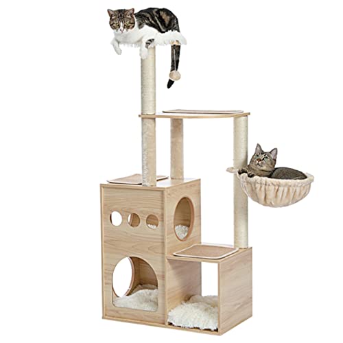 Kratzbaum Hölzerne Multi-Level Cat Tower Cat Sky Castle mit 2 gemütlichen Eigentumswohnungen von ONDIAN