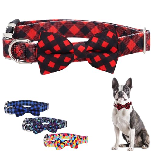 Buffalo Plaid Hundehalsband, Fliege, Haustierhalsband, verstellbares Hundehalsband für männliche und weibliche Hunde, weiches Nylon-Haustierhalsband für XS, kleine, mittelgroße bis große Hunde oder von ONEFOJOJO