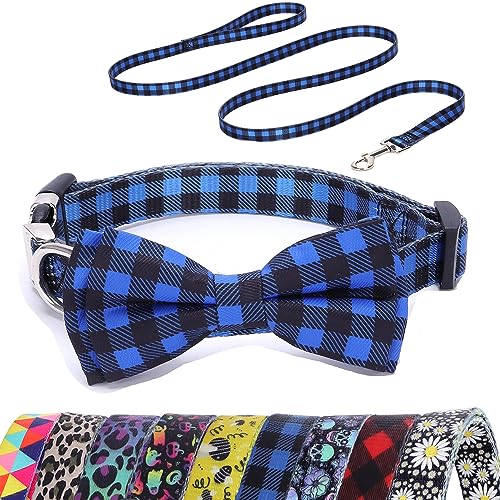 Buffalo Plaid Hundehalsband und Leine, Fliege, Haustierhalsband, verstellbares Hundehalsband für männliche und weibliche Hunde, Welpenhalsband für XS, kleine, mittelgroße bis große Hunde oder Katzen von ONEFOJOJO