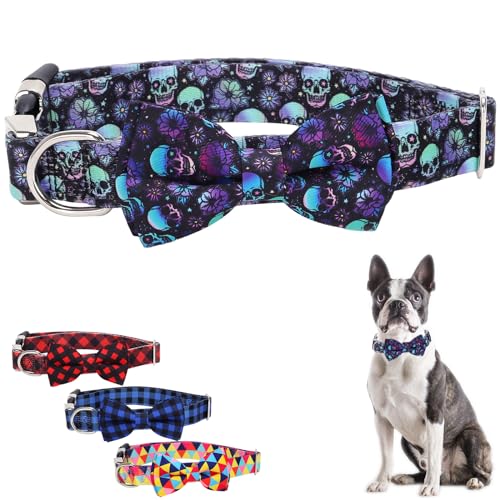 Hundehalsband, weiches Nylon, mit Fliege, verstellbare Halsbänder für XS, kleine, mittelgroße und große Hunde, Geschenk (Totenkopf M) von ONEFOJOJO