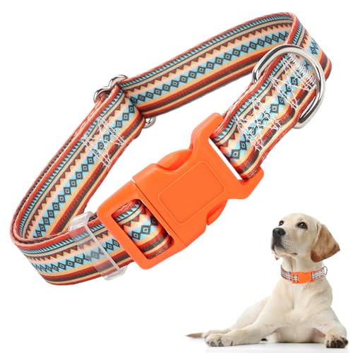 Hundehalsband für Welpen, kleine Hunde, orangefarbenes Hundehalsband mit ethnischem Aztekenmuster, verstellbares Sicherheits-Nylon-Hundehalsband, Schnalle, Halsband für kleine, mittelgroße und große Hundehalsband für Welpen, kleine Hunde, orangefarbenes Hundehalsband mit ethnischem Aztekenmuster, verstellbares Sicherheits-Nylon-Hundehalsband, Schnalle, Halsband für kleine, mittelgroße und große von ONEFOJOJO