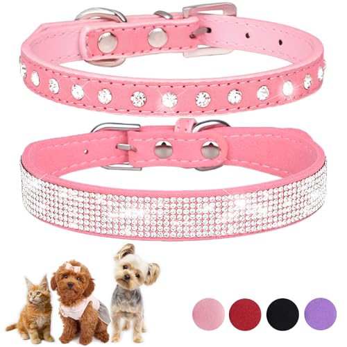 Pink Bling XS Hundehalsband, 2 Stück, Strass-Katzenhalsband, weiches Wildleder, Glitzer, Diamantschmuck, Kristall, für Mädchen, Welpen, Halsband mit Schleife für XXS, XS, kleine, mittelgroße Hündinnen von ONEFOJOJO