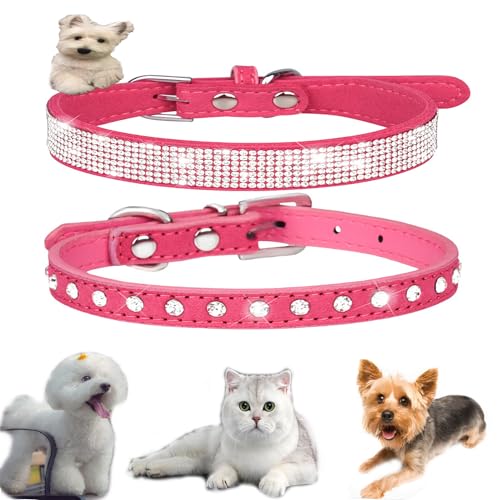 Hundehalsband für Welpen, niedliche Strasssteine, für Hunde und Katzen, mit Kristalldiamanten, Nieten, PU-Leder, Halsband für XXS, XS, kleine und mittelgroße Hundehalsbänder, 2 Stück (Rose M) von ONEFOJOJO
