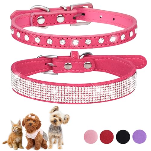 Hundehalsband für Welpen, niedliche Strasssteine, für Hunde und Katzen, mit Kristalldiamanten, Nieten, PU-Leder, Halsband für XXS, XS, kleine und mittelgroße Hundehalsbänder, 2 Stück (Rose XS) von ONEFOJOJO