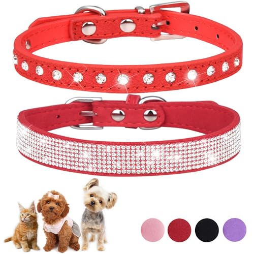 Hundehalsband für Welpen, niedliche Strasssteine, für Hunde und Katzen, mit Kristalldiamanten, Nieten, PU-Leder, Halsband für XXS, XS, kleine und mittelgroße Hundehalsbänder, 2 Stück (Rot, S) von ONEFOJOJO