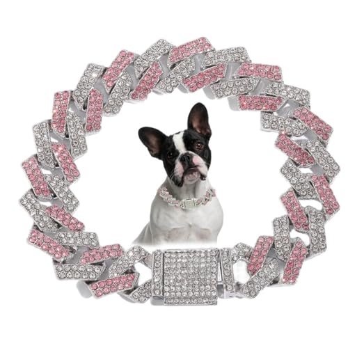 Hundehalsband, Diamant-Metall, kubanische Glieder-Hundehalsband, 15 mm breit, glitzernd, für kleine, mittelgroße und große Haustiere, Hunde, Katzen, Rosa (50.8 cm) von ONEFOJOJO