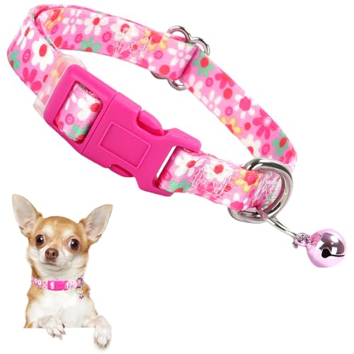 Hundehalsband für kleine Hunde und Katzen, Nylon, verstellbar, Größe XXS/XS, für kleine Rassen, weiches rosa Halsband mit Schnellverschluss-Schnalle (Blumen, S) von ONEFOJOJO