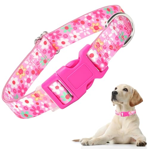 Hundehalsband für Mädchen, verstellbar, weiches Nylon, für kleine, mittelgroße und große Hunde (Blumenrosa, L) von ONEFOJOJO