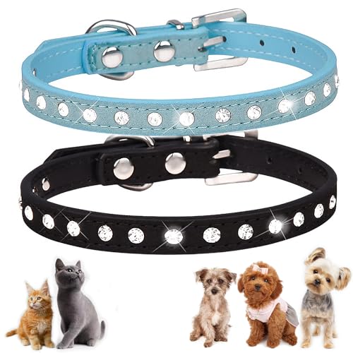 Hundehalsband mit Strasssteinen, Größe XS, Schwarz und Blau, verstellbar, für Mädchen, Jungen, Welpen, Katzen, Mini-Hundehalsbänder für Geburtstagsparty, 2 Stück (XXS Hundehalsband mit Strasssteinen, Größe XS, Schwarz und Blau, verstellbar, für Mädchen, Jungen, Welpen, Katzen, Mini-Hundehalsbänder für Geburtstagsparty, 2 Stück (XXS von ONEFOJOJO