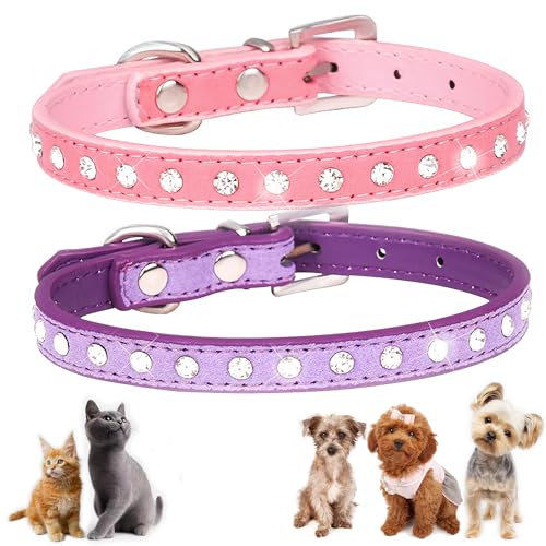 Hundehalsband mit Strasssteinen, verstellbar, Größe XS, für Mädchen, Jungen, Welpen, Katzen, Mini-Hundehalsbänder für Geburtstagsparty, 2 Stück (rosa und lila, XXS Hundehalsband mit Strasssteinen, verstellbar, Größe XS, für Mädchen, Jungen, Welpen, Katzen, Mini-Hundehalsbänder für Geburtstagsparty, 2 Stück (rosa und lila, XXS von ONEFOJOJO