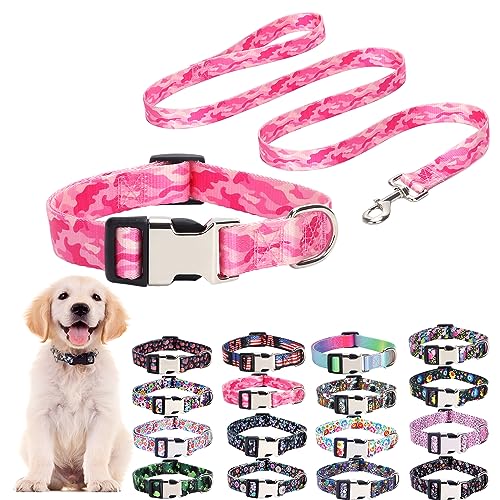 Hundehalsband und Leine, Set für XS, S, M, L, verstellbar, weiches Nylon, mit Tarnmuster, für Mädchen oder Jungen, für Spaziergänge, Laufen, Training (Pink Camo M) von ONEFOJOJO