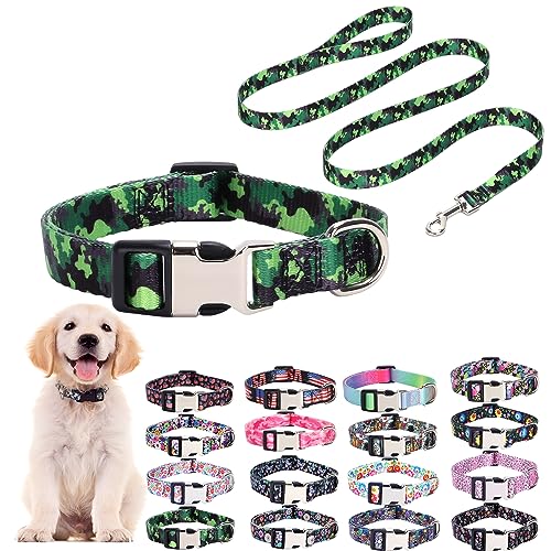 Hundehalsband und Leine, Set mit taktischem Camouflage-Muster, verstellbare, weiche Nylon-Halsbänder für XS, S, M, L, mit Mädchen oder Jungen, Welpen, Hunde, Katzen, Laufen, Training (Camo M) von ONEFOJOJO