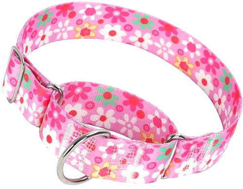 Martingal-Halsband für Hunde, breit, 3,8 cm, Martingal-Halsband mit Blumenmuster, rutschfest, perfekt für Training, Spazierengehen, Jagd (rosa Blumen, M) von ONEFOJOJO