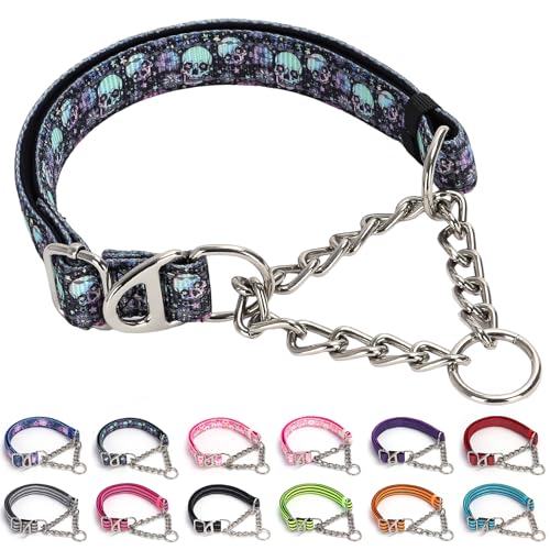 Martingale Hundehalsband mit Kette, robustes Trainingshalsband ohne Schnalle, kein Ziehen, Hundehalsband mit Totenkopf-Muster für mittelgroße, extra große und XXL-Hunde (Skull L) von ONEFOJOJO