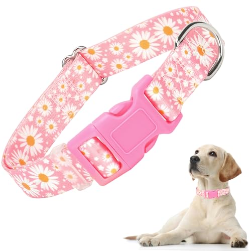 Niedliches Hundehalsband mit rosa Gänseblümchenmuster, verstellbares Nylon, bequem, weich, langlebig, für XS, S, M, L, XL (Pink Daisys L) von ONEFOJOJO