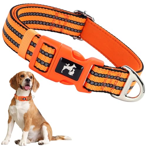ONEFOJOJO Großes reflektierendes Hundehalsband, verstellbar, weiches Neopren, atmungsaktiv, Schnellverschluss, für mittelgroße und extra große Hunde (Orange, L) von ONEFOJOJO