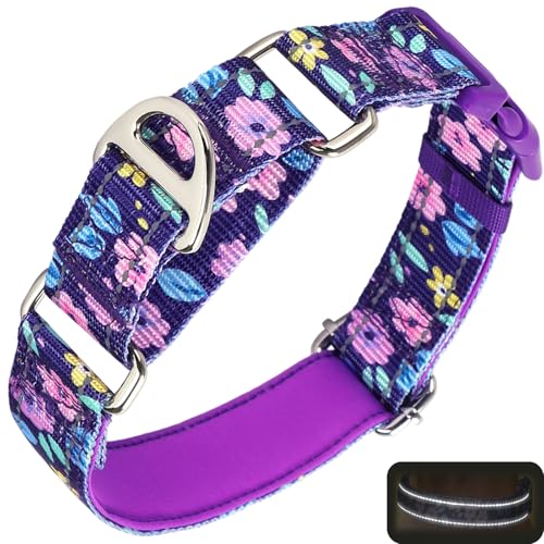 ONEFOJOJO Martingale Halsband für Hündinnen, reflektierend, verstellbar, weiches Nylon, mit niedlichen Blumenmustern für kleine, mittelgroße und große Hunde (L) von ONEFOJOJO