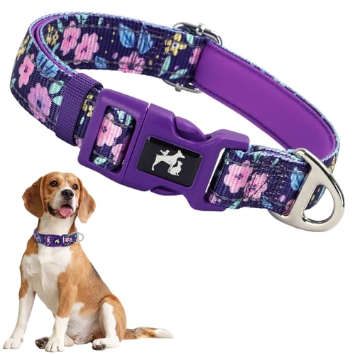 ONEFOJOJO Reflektierendes Hundehalsband, gepolstert mit weichem Neopren, atmungsaktiv, Schnellverschluss, für mittelgroße und große Hunde (lila Blumen, L) von ONEFOJOJO