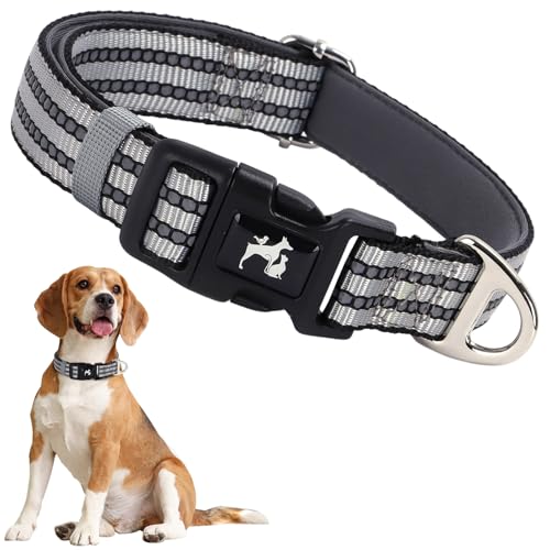 ONEFOJOJO Reflektierendes Hundehalsband, verstellbar, weiches Neopren, atmungsaktiv, Schnellverschluss, für mittelgroße und extra große Hunde (Silber, L) von ONEFOJOJO