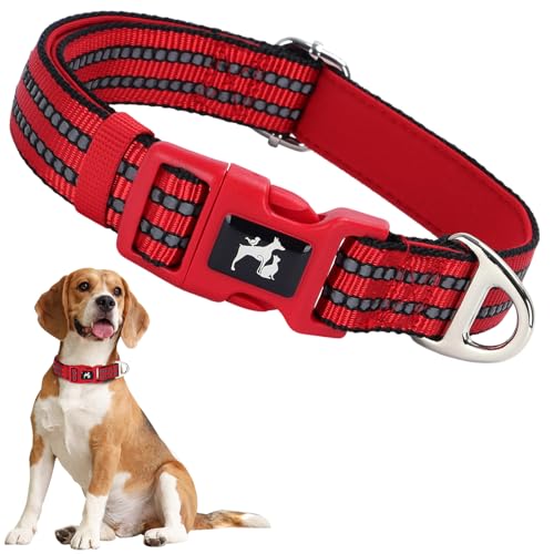 ONEFOJOJO Reflektierendes Hundehalsband für Mädchen, mit weichem Neopren, atmungsaktiv, Schnellverschluss, für mittelgroße und extra große Hündinnen (Rot, M) von ONEFOJOJO