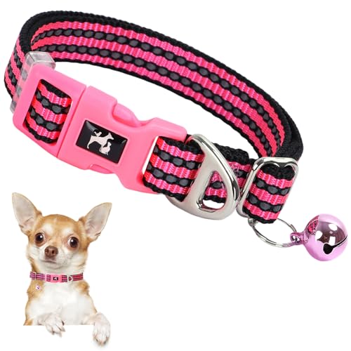 ONEFOJOJO Welpenhalsband mit Glöckchen, reflektierend, verstellbar, für kleine Rassen, Größe XS, XXS, für Mädchen, Damen, Nachtspaziergang, Sicherheitszubehör (Rosa, XS) von ONEFOJOJO