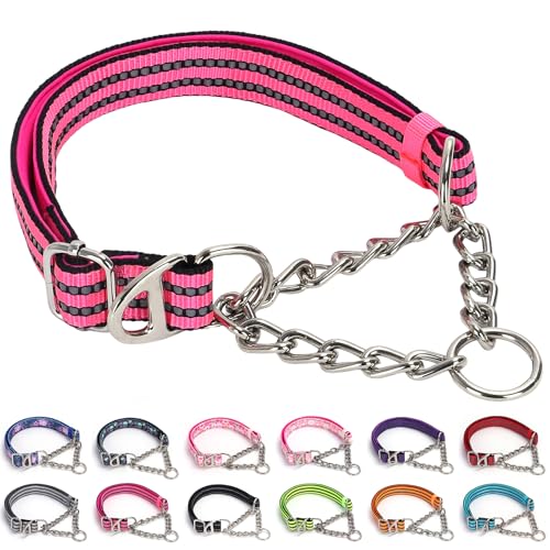Reflektierendes Martingale-Hundehalsband mit Kette, bequem gepolsterter Riemen, kein Ziehen, Würgehalsband für mittelgroße bis extra große Hunde für Training, Spazierengehen, Jagd (Rosa, XXL) von ONEFOJOJO