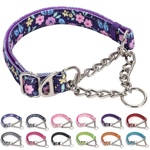 Reflektierendes Martingale-Hundehalsband mit Kette, bequemes und sicheres Würgehalsband für mittelgroße und große Hunde, empfohlen für mittelgroße und extra große Hunde (lila Blumen, M) von ONEFOJOJO