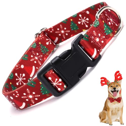 Weihnachts-Hundehalsband mit Schneeflocken, roten Bäumen, Fliege, Schnellverschluss-Schnalle, verstellbares Nylon für kleine, mittelgroße und große Hunde (S) von ONEFOJOJO