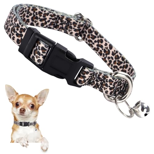 Welpenhalsband mit Glöckchen, Nylon, verstellbar, Größe XXS/XS, für kleine Rassen, weiches Leopardenhalsband mit Schnellverschluss-Schnalle (Leopard XS) von ONEFOJOJO