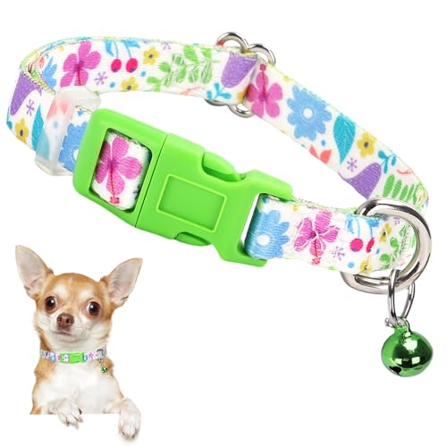 Welpenhalsband mit Glöckchen, Nylon, verstellbar, XXS/XS/S, kleines Hundehalsband und Katzenhalsband für kleine Rassen, weiches rosa Halsband mit Schnellverschluss-Schnalle (Frühling XS) von ONEFOJOJO